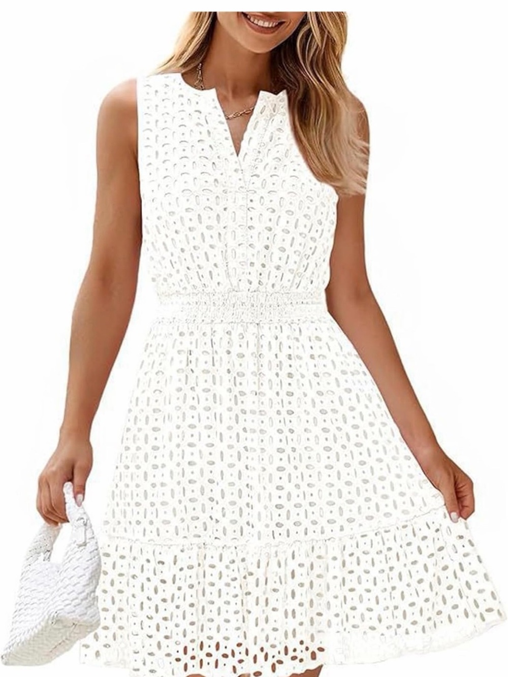 White Eyelet Sleeveless Sundress - Classic Summer Dress